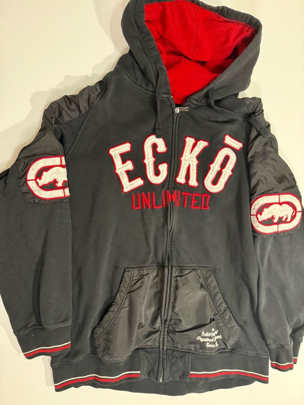 Ecko Unlimited Black Hooded Zip-Up Jacket with Red Lining & Accents